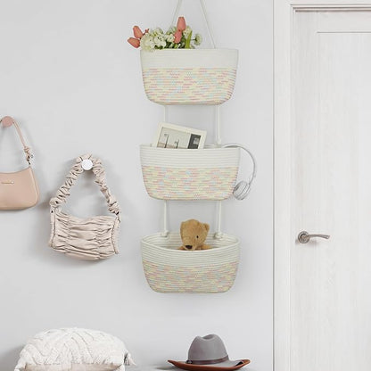 TeoKJ Over the Door Hanging Basket, 3-Tier Woven Cotton Wall-Mounted Storage Organizer Bag Decorative Hanging Nursery Baskets, White & Rainbow Stitching