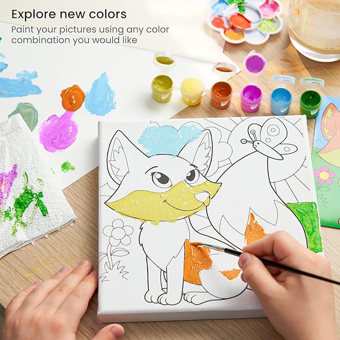 ARTEZA Kids Animals Painting Kit, 4 Canvases 8 x 8 Inches, 24 Acrylic Paints, 4 Paint Brushes, 4 Palettes, Kids Activities Ages 6 and Up