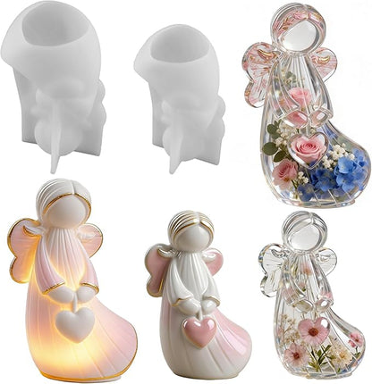 2Pcs Angel Resin Silicone Mold Set Clear Epoxy Resin Casting Molds for Flower Preservation DIY Bookends Art Crafts Home Decor Ornament Keepsake Making Casting Projects Soap Clay Candle