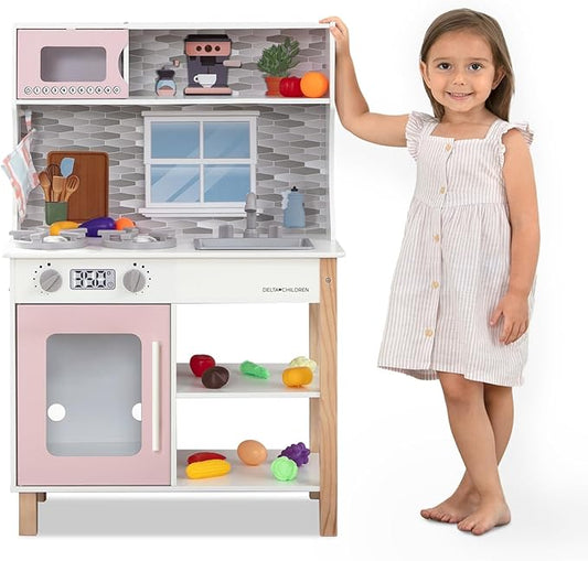 Delta Children Tiny Chef Play Kitchen - Toy Kitchen Playset with Realistic Knobs That Turn/Click, Oven, Sink, Microwave and 15 Pieces of Play Food, Pink