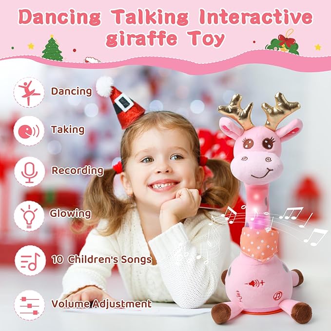 Dancing Talking Giraffe with Golden Antlers Toy, Stuffed Animal Baby Toy Repeating What You Say, Glowing Musical Electronic Giraffe with Golden Anlters Easter Gifts for Toddlers 1-3 Years Old (pink)