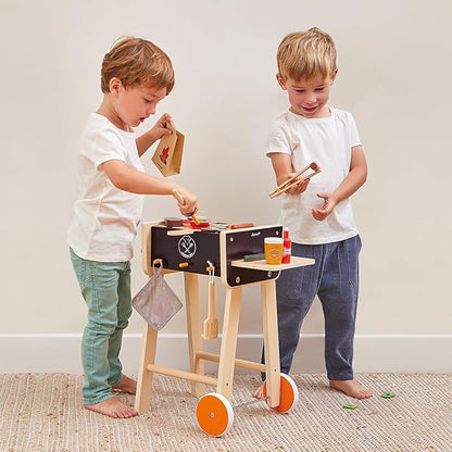 Janod - J06619 Wooden Barbecue - Imitation Kitchen and Dinette Toy for Children - 57 Accessories Included - 2 Silent Wheels - Ages 3 and Above