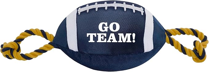Pets First Football Dog Toy, Tough Nylon Quality Materials with Strong Pull Ropes & Inner Squeaker, Nylon Football Blue/Gold