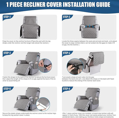 TAOCOCO 100% Waterproof Recliner Covers, Recliner Sofa Covers with Leg Straps, Reversible Recliner Couch Cover for Reclining Chair, Washable Couch Protector for Pets Kids(1 Seater 22", Light Gray)