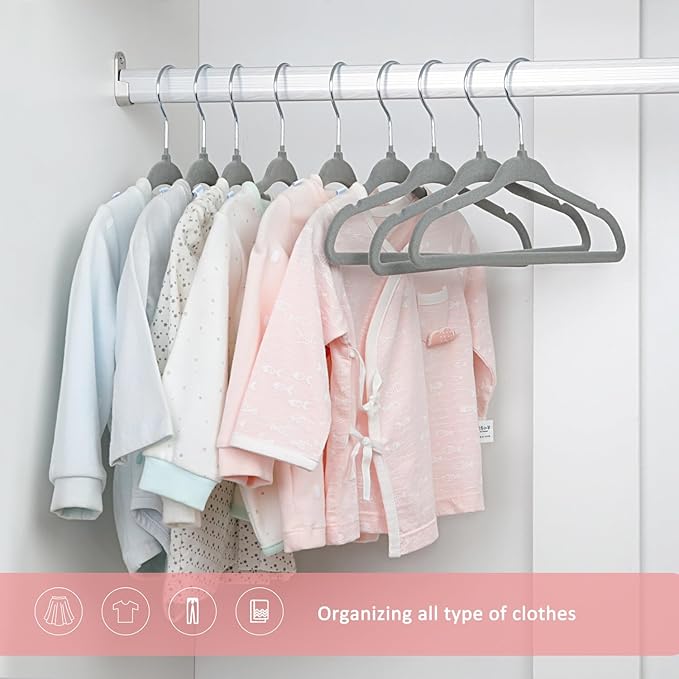 ManGotree Baby Clothes Hangers, Velvet Kids Toddlers Coat Hangers with Ultra Thin & Non-Slip Design (30 Pack, Gray)