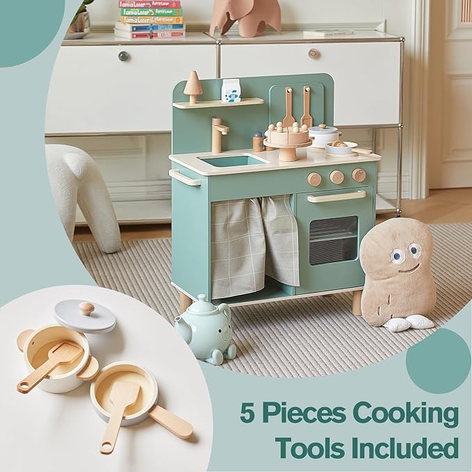 Giant bean Play Kitchen, Nordic Wooden Kitchen Playset Toy for Kids with Cookware Accessories, Pretend Play Cooking Food Set for 3+ Year Old Toddler Boys Girls
