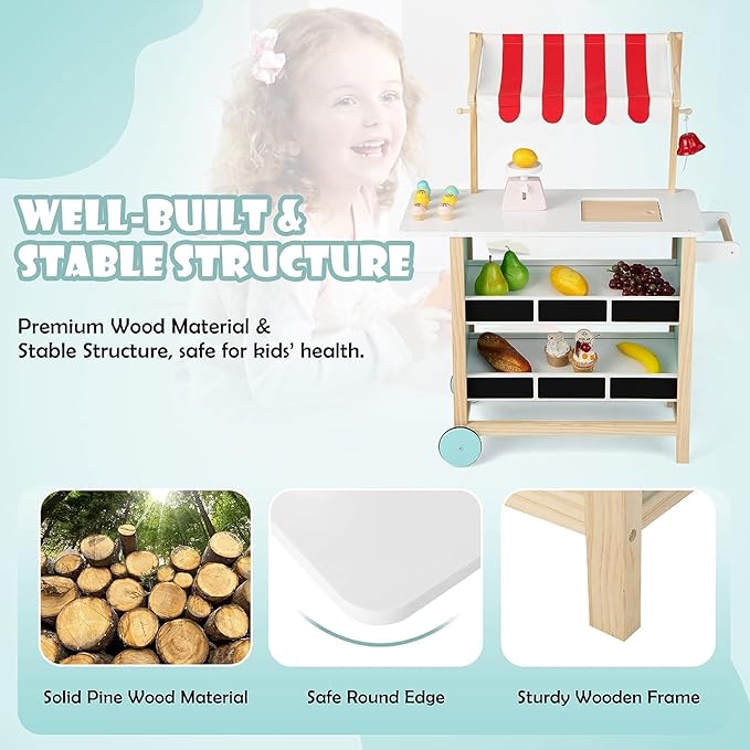 Fireflowery Kids Grocery Store Pretend Play, Wooden Ice Cream Cart w/ 6 Pieces Play Food, Bell, Scale, Toy Grocery Store Playset, Play Store for Kids, Toddlers, Boys, Girls Age 3+