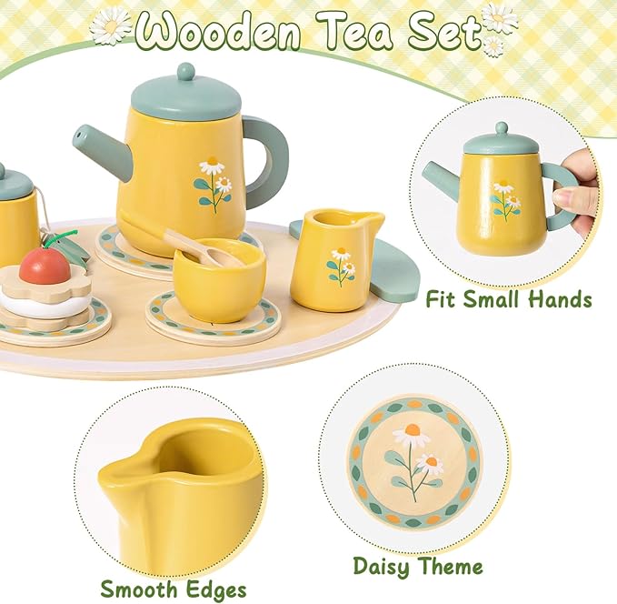 Toyssa Wooden Tea Party Set for Little Girls Toys Toddler Pretend Food with Tea Tray & Play Kitchen Accessories, Wooden Toys for Toddlers 3 4 5 6 Years Old, Birthday Kids Girls Gifts 3-6