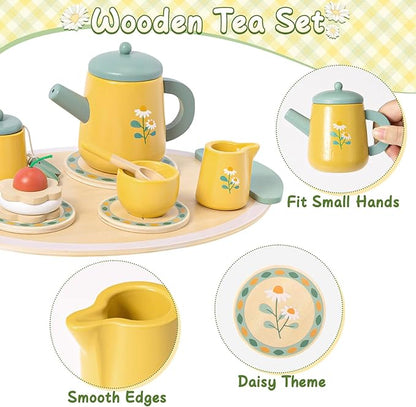 Toyssa Wooden Tea Party Set for Little Girls Toys Toddler Pretend Food with Tea Tray & Play Kitchen Accessories, Wooden Toys for Toddlers 3 4 5 6 Years Old, Birthday Kids Girls Gifts 3-6