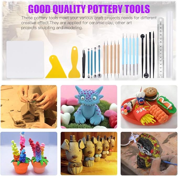 Swpeet 24Pcs Modeling Clay Sculpting Tools Kits, Painting Brush, Wooden Dotting Tools, Ball Stylus Tool, Plastic Ball Rod Stylus Modeling Tools, Clay Roller, Clay Scarper for Modeling Clay