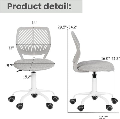 Homy Casa Armless Home Office Desk Chair, Colorful Task Chair with Soft Mesh Padded Cushion, Height Adjustable Swivel Study Computer Chair for for Girls Boys Teens (Grey, 1PC)