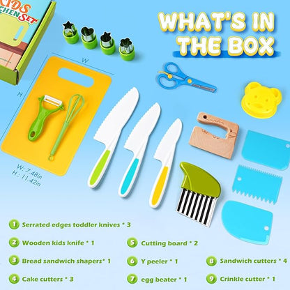 Montessori Kitchen Toys for Toddlers-Kids Cooking Sets Real-Toddler Toys Set for Real Cooking with Plastic Children Safe Knives Crinkle Cutter Kids Cutting Board-17PCS
