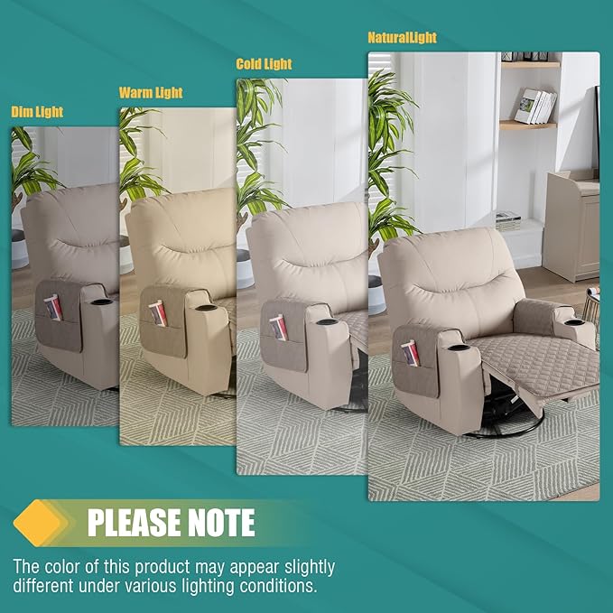 Ruaozz Waterproof Recliner Chair Covers Non Slip Chair Covers Recliner Seat Cover with Arms Washable Recliner Covers for Reclining Chair with Pocket, Covers for Recliner Chair (Khaki, Small-22'')