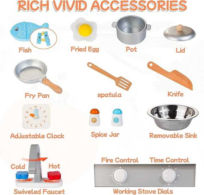 Wooden Toy Kitchen Set for Kids, Toy Kitchen Playset with Removable Sink Faucet & Play Food, Pretend Play Kitchen Toys for Toddlers Age 3+