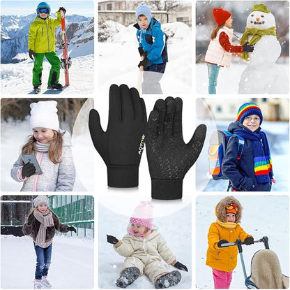 Kids Winter Warm Sports Gloves - Cold Weather Water-Resistant Children Mittens Age 4 12 Years Boys Girls Black
