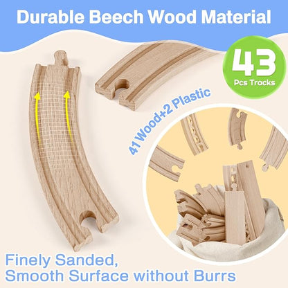 118Pcs Wooden Train Set for Kids & Toddlers, Wood Train Track Set Train Railway Accessories Toy Train Sets for Boys and Girls Gifts Ages 3+ 4 5 6 7 8 - Compatible with All Major Brands