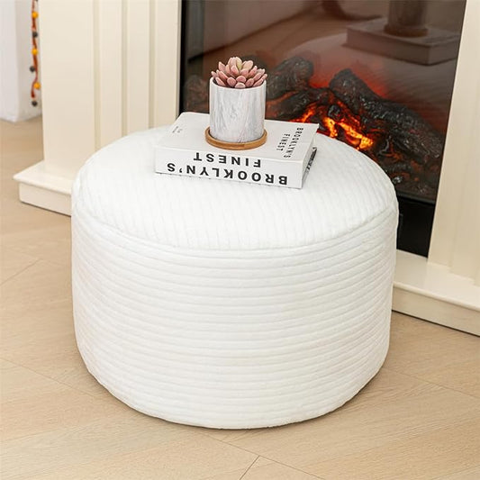 Pouf Ottoman Stuffed 20x20x12 Inches Floor Pouf Plush Fiber Ottoman Foot Rest Under Desk Foot Stool for Living Room Bedroom (White Stripe Pouf with Filler)