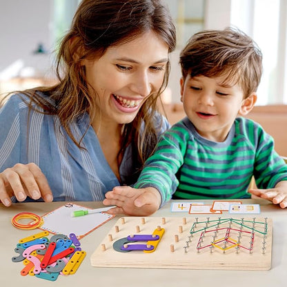 Wooden Geoboards, Wooden Letter Number Construction Puzzle Board, Montessori Toys for Kids with 20 Pattern Cards, 50 Rubber Bands to Figures and Shapes, Brain Teaser STEM Toy（9.5*6 *0.6in）