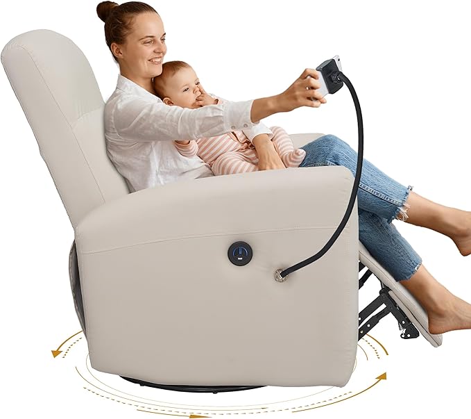 Power Swivel Glider Chair Nursery, Swivel Rocker Recliner with USB Ports, Rocking Chair with Microfiber Leather, Waterproof, Living Room, Nursery - Beige