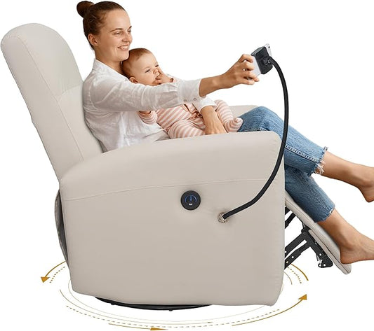 Power Swivel Glider Chair Nursery, Swivel Rocker Recliner with USB Ports, Rocking Chair with Microfiber Leather, Waterproof, Living Room, Nursery - Beige