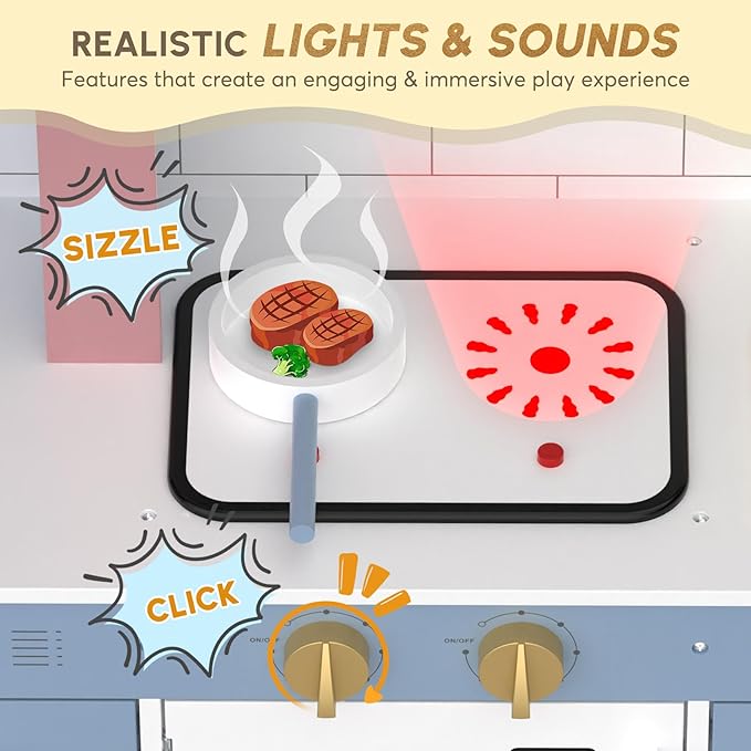 BIERUM Play Kitchen with Realistic Lights & Sounds, Wooden Kitchen Playset Chef Pretend Play Set for Toddlers, Toy Kitchen with 26 Pcs Toy Food & Cookware Accessories, Gift for Ages 3+ (Bule)