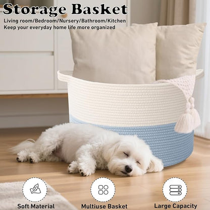 115L Extra Large Woven Cotton Rope Blanket Basket with Handles, Laundry Hamper Storage Bin for Pillows, Comforters,Clothes, Toys, Nursery, Bedroom and Living Room Organization,White&Blue