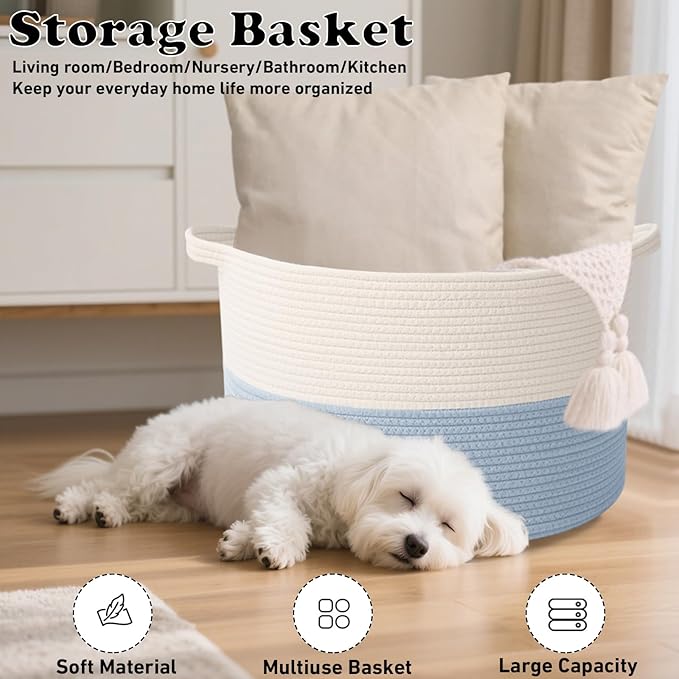 65L Extra Large Woven Cotton Rope Blanket Basket with Handles, Laundry Hamper Storage Bin for Pillows, Comforters,Clothes, Toys, Nursery, Bedroom and Living Room Organization,White&Blue