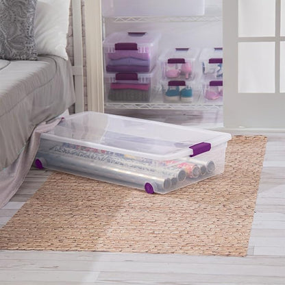 Sterilite 60 Qt ClearView Latch Wheeled Underbed Storage Box, Stackable Bin with Lid, Plastic Container to Organize Underbed, Clear Base, Lid Sweet Plum (Pack of 4)
