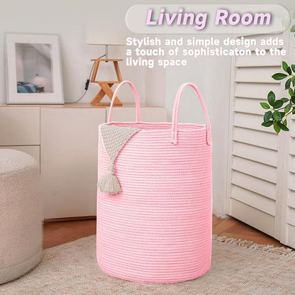 JMvicyroam Large Woven Laundry Basket Hamper,100L Cotton Rope Storage Bin for Blankets,Toys and Clothes,Decorative Tall Nursery Hamper for Living Room,Baby Nursery,Bathroom and Bedroom,Pink