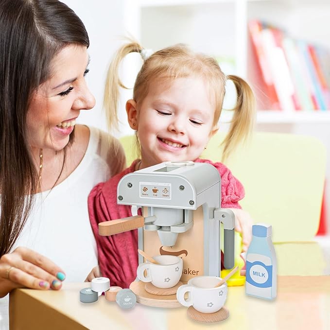 Kids Wooden Toys Toddler Pretend Play Kitchen Accessories Coffee Maker Espresso Machine Playset Montessori Kitchen Toy Gift for Girls and Boys