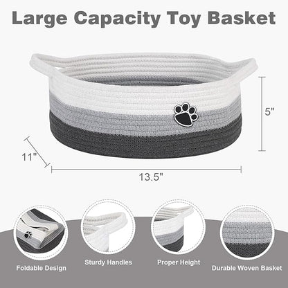 Optish Dog Toy Easter Basket, Toy Box and Bin for Dog Cat Storage, 13.5" X 11" X 5" Small Woven Rope Basket for Baby Storage, Closet, Living Room, White & Grey