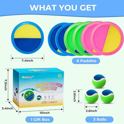 Weehoey Beach Games - Kids Toys - Outdoor Games for Kids, Toss and Catch Ball Set with 6 Paddles 3 Balls, Toys for 3 4 5 6 7 8+ Year Old Boys Girls Christmas Birthday Gifts