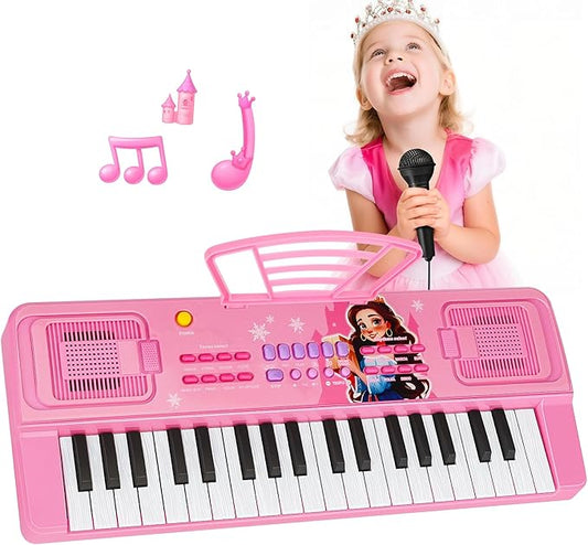 Upgraded 37 Keys Kids Piano Keyboard with Mini Microphone Music Stand – Portable Musical Toys for Toddlers Ages 3 4 5 6 Girls Birthday Gift - Pink