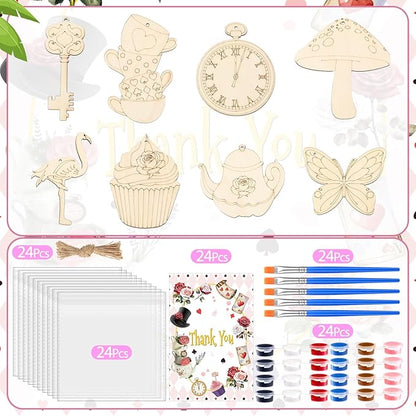 Saypacck 24 Pcs Wonderland Party Favors Wooden Painting Craft Kits Birthday Party Supplies with Organza Bag for Goodie Bags Fillers Adult Thank You Gifts
