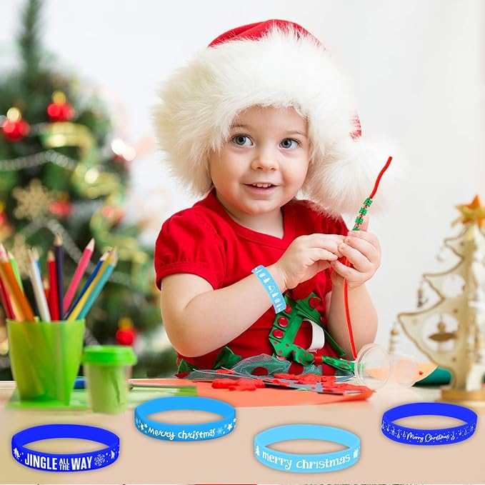 Morcheiong 42 Pieces Christmas Rubber Bracelets 7 Classic Design Silicone Wristbands for Merry Xmas Party Favors (Blue)