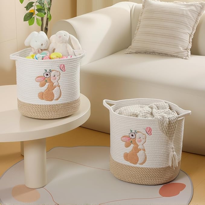 INough Toy Storage Baskets Woven Cotton Rope Storage Basket for Kids, Blanket Baskets for Living Room Stuffed Animal Storage Toys Organizer with Embroidery Decor, Cute Baskets for Nursery (Bunny)