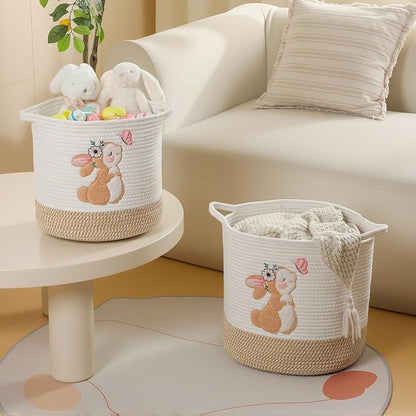 INough Toy Storage Baskets Woven Cotton Rope Storage Basket for Kids, Blanket Baskets for Living Room Stuffed Animal Storage Toys Organizer with Embroidery Decor, Cute Baskets for Nursery (Bunny)