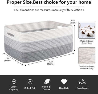 OIASKET Large Storage Basket for Organizing, Woven Rope Basket for Shelves, Closet Organizer Bins for Clothes, Blanket, Toys, Baby Nursery Storage, 17.7" x 13" x 7.87", 2 Packs Gradient Grey