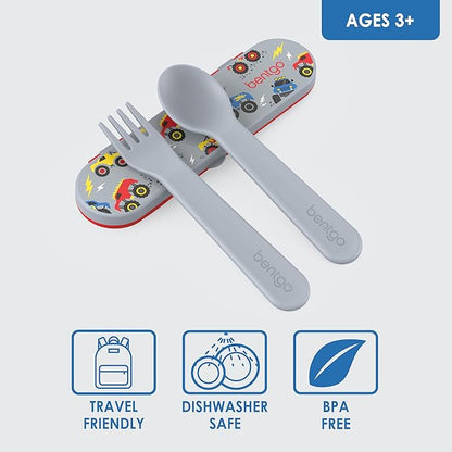 Bentgo Kids Utensil Set - Reusable Plastic Fork, Spoon & Storage Case - BPA-Free Materials, Easy-Grip Handles, Dishwasher Safe - Ideal for School Lunch, Travel, & Outdoors (Trucks)