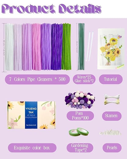 500 Pcs Gradient Purple Pipe Cleaners Flower kit,Chenille Stems for DIY Art Projects Creative Gift,Pipe Cleaners Craft with tutoria,Pearls,Pompoms,Green Floral Wires,Gardening Tape,Stamen