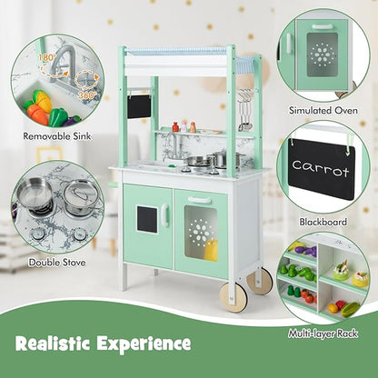 HONEY JOY Kids Kitchen Playset with Lights, Double Side Little Chef Play Kitchen for Toddler & Grocery Store, Cookware, Sink, Storage Cabinet, Wooden Pretend Play Toy Kitchen Cart with Wheels, Green