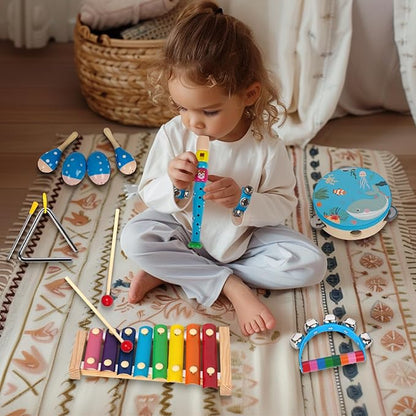 Wooden Musical Instruments Set for Toddlers 1-3, Natural Wood Percussion Instruments Xylophone Gift Set for Girls Boys Kids ,Preschool Educational Musical Toys with Storage Bag