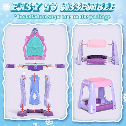Lehoo Castle Kids Vanity Table and Chair Set, Girls Makeup Table with Mirror Stool Lights Music, Toddler Pretend Play Vanity Set for Princess Dress Up, Girl Toys Gifts for Age 3 4 5 Years Old