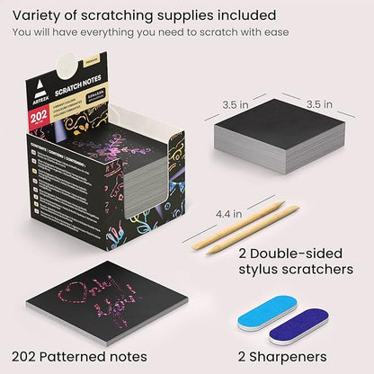 ARTEZA Scratch Paper, Set of 202 Notes, 3.5 x 3.5 Inches, 200 Holographic and 2 Gold-Foil Star Backgrounds