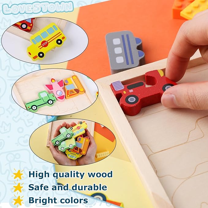 LovesTown 12PCS Stacking Puzzles, Wooden Chunky Jigsaw Puzzles Vehicle Educational Toy for Birthday