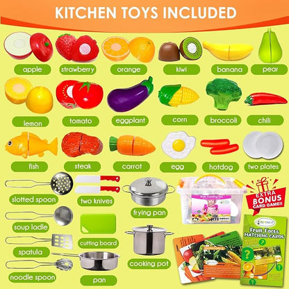 FUNERICA Play Food and Realistic Stainless-Steel Pots and Pans and Utensils - Cutting Fake Food and Pretend Toy Kitchen Accessories Cooking Toy Playset for Toddlers and Kids