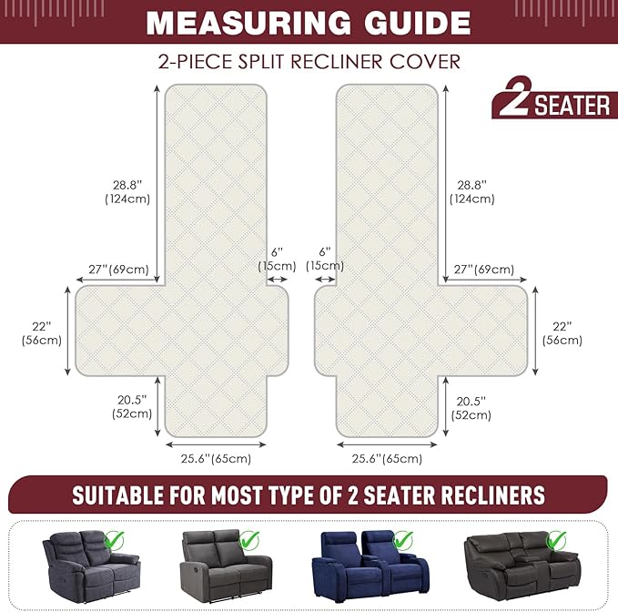 TAOCOCO 100% Waterproof Loveseat Recliner Cover, Non Slip Split Loveseat Covers for Reclining Loveseat with Elastic Straps, Washable Recliner Chair/Furniture Protector for Pets(2 Seater, Wine)