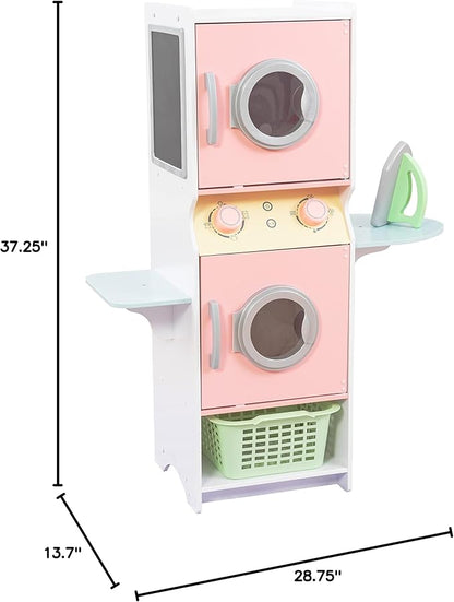 KidKraft Laundry Playset Children's Pretend Wooden Stacking Washer and Dryer Toy with Iron and Basket, Pastel, Gift for Ages 3+