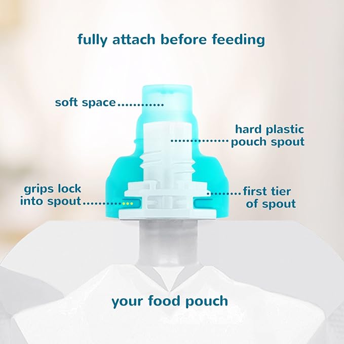 ChooMee SoftSip Food Pouch Top | Baby Led Weaning | No Spill Flow Control Valve, Protects Childs Mouth, 100% Silicone, BPA Free | Orange Aqua, 4 CT