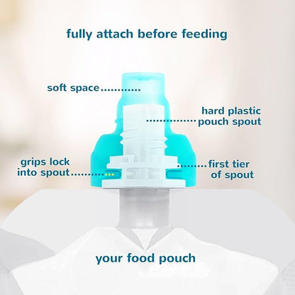 ChooMee SoftSip Food Pouch Top | Baby Led Weaning | No Spill Flow Control Valve, Protects Childs Mouth, 100% Silicone, BPA Free | Orange Aqua, 4 CT